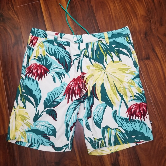 Nautica Men's Red Yellow Floral Hawaiian Board Shorts Size 36W - Picture 1 of 6